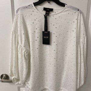 Rain Women's Eyelet Top With Long Puff Sleeve. White. Medium. Twee, Coquette
